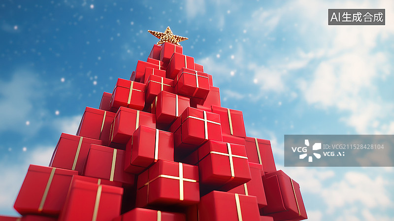 【AI数字艺术】用红色礼物盒堆叠起来的圣诞树图片素材