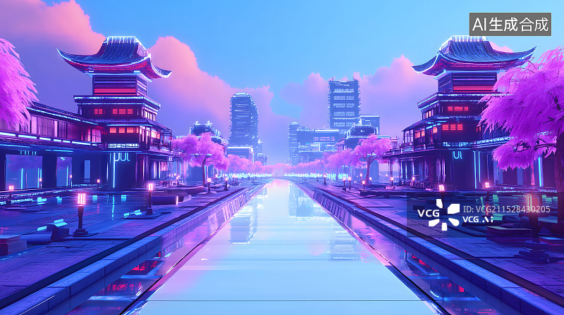 【AI数字艺术】古建筑 中国风 赛博朋克 街道 科幻场景 3d插画图片素材