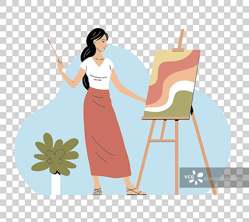 一位年轻美丽的女性在画布上作画图片素材