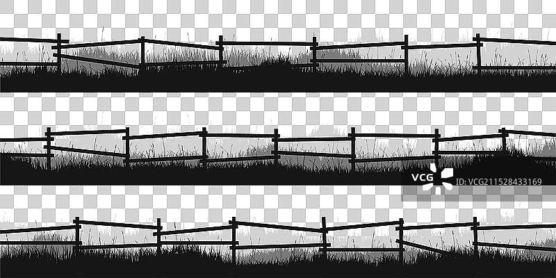 草地轮廓与老旧木栅栏图片素材