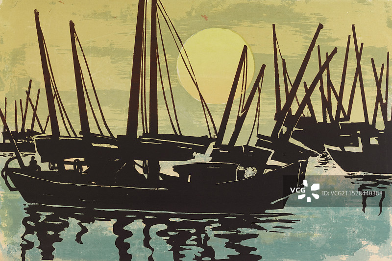 《日出》丝网版画图片素材