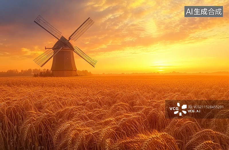 【AI数字艺术】一片金黄色的麦田，背景是一座古老的风车和美丽的日落。图片素材