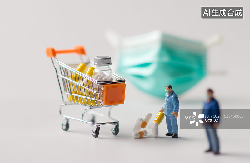 【AI数字艺术】一个装满各种药片和胶囊的购物车，购物车上还挂着一个口罩。背景中有几个人形小雕像，似乎在排队等待购买药图片素材