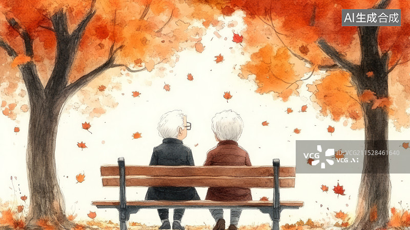 【AI数字艺术】一对老年人夫妇坐在公园长椅上休息背影插画图片素材