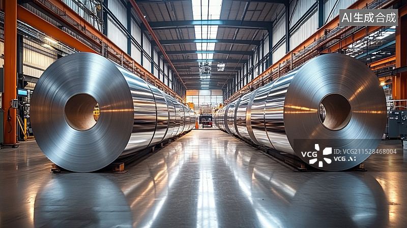 【AI数字艺术】现代工厂车间生产线上排列整齐的钢卷图片素材