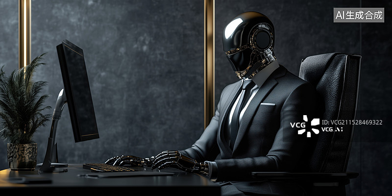 【AI数字艺术】电脑前的黑色西装AI智能机器人3D立体插画图片素材