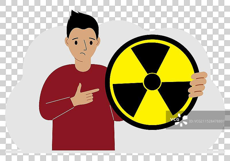 一个男人手中举着一个大型警告标志图片素材