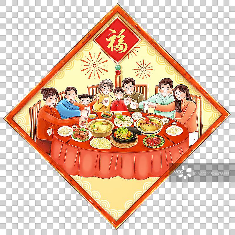 2025年蛇年 中国新年祝福贺卡年画 传统年俗大年三十年夜饭 窗花里的除夕，图片素材