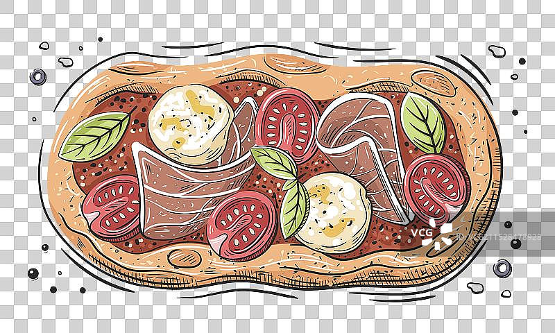 意大利薄饼配火腿、西红柿和马苏里拉奶酪图片素材