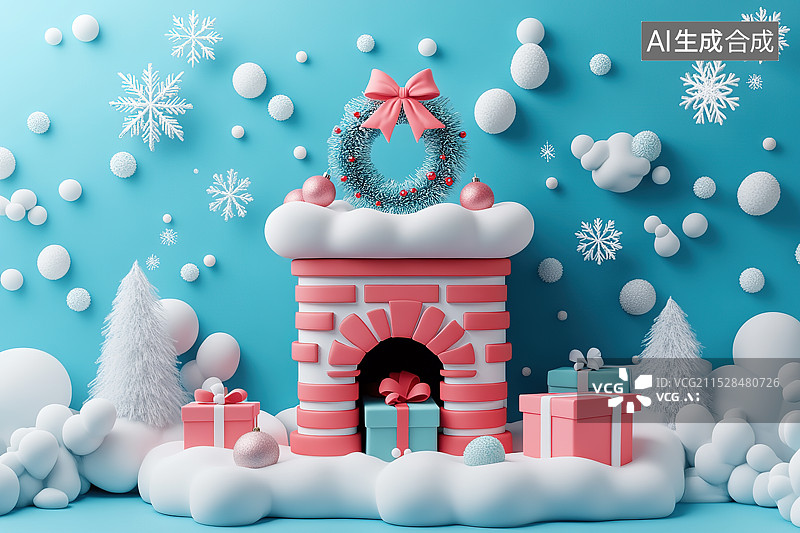 【AI数字艺术】可爱壁炉装饰着圣诞花环图片素材