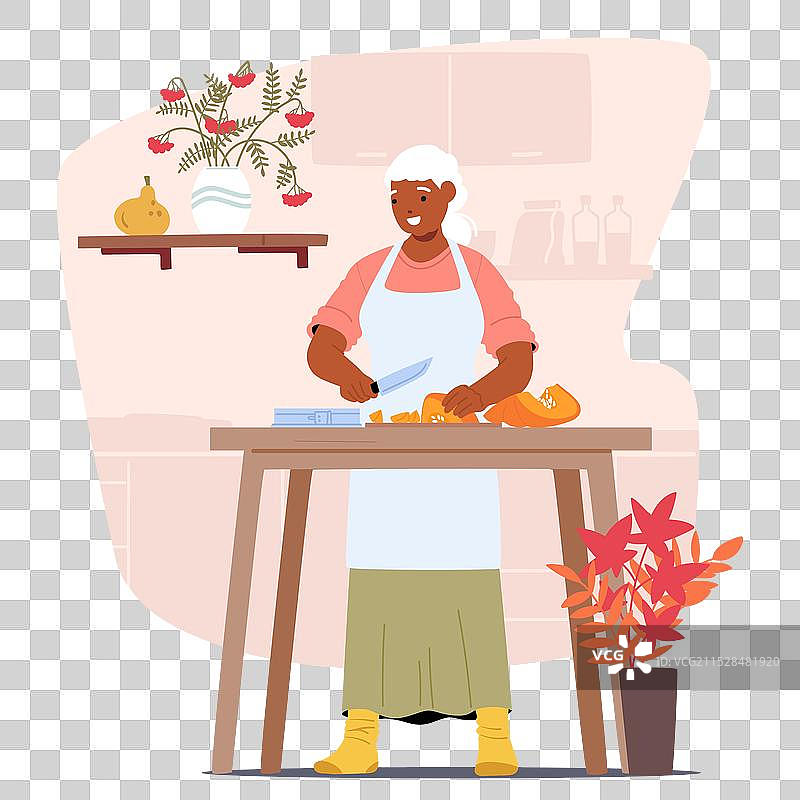 快乐的老年女性在切南瓜图片素材