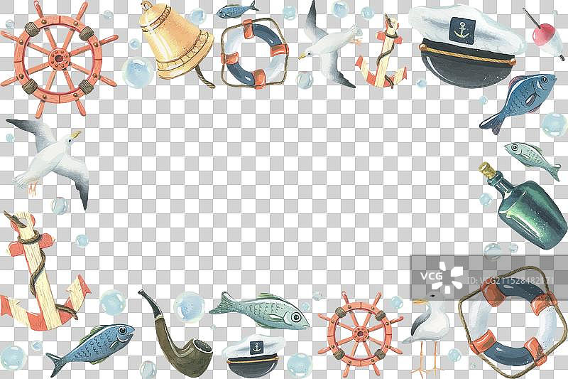 船舶舵轮、救生圈、海鸥、船长帽图片素材
