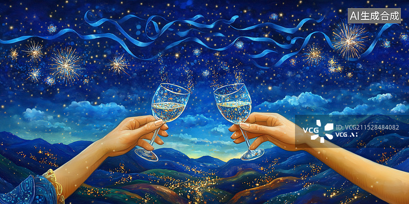 【AI数字艺术】一幅梦幻的蓝色主题干杯庆祝油画图片素材