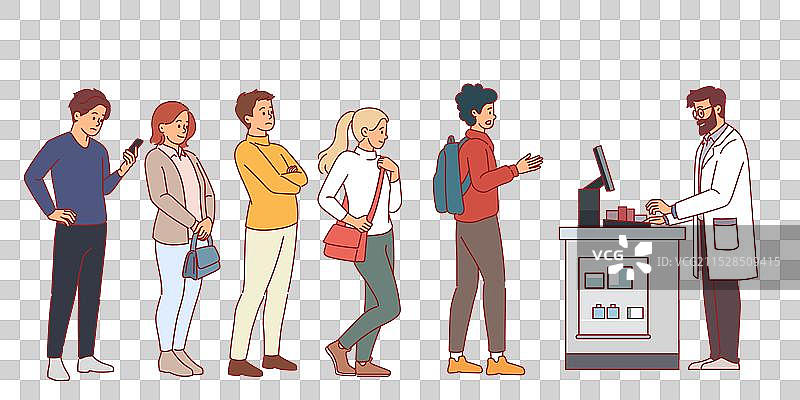 顾客在柜台前排队等待，连锁店售货员。图片素材