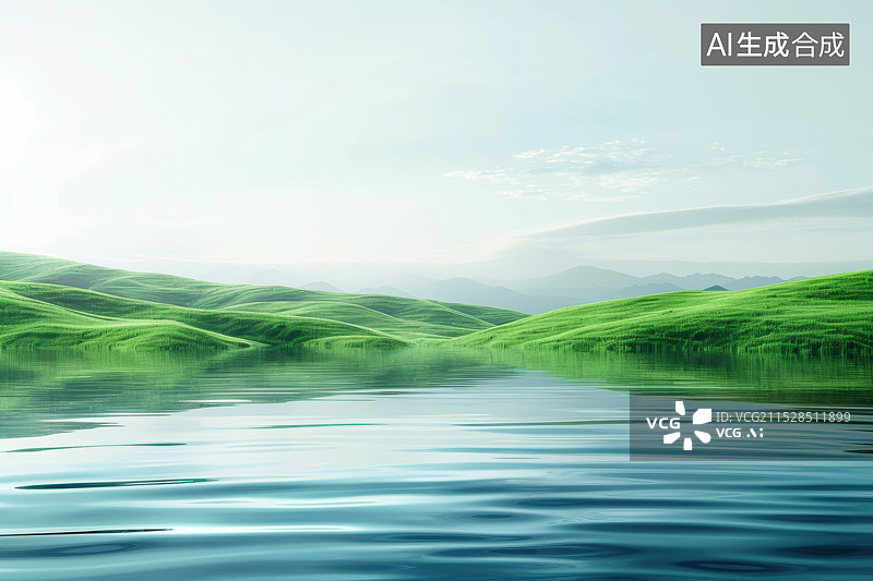 【AI数字艺术】平静的水面和绿色的山丘图片素材