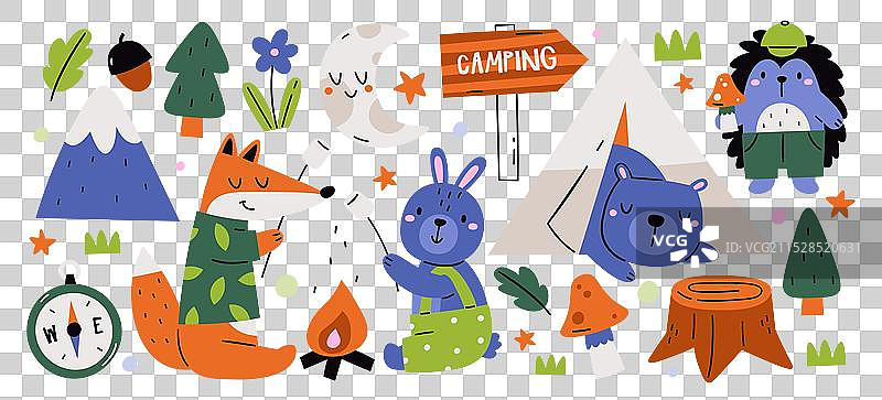 可爱的动物手绘角色在露营中图片素材