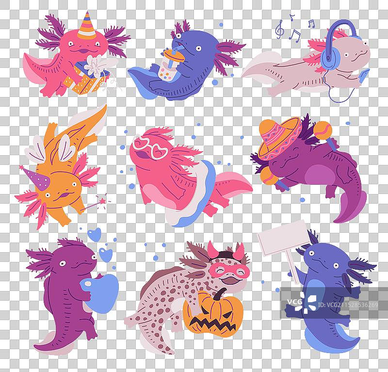 一组可爱搞笑的腊肠鱼角色扁平风格图片素材