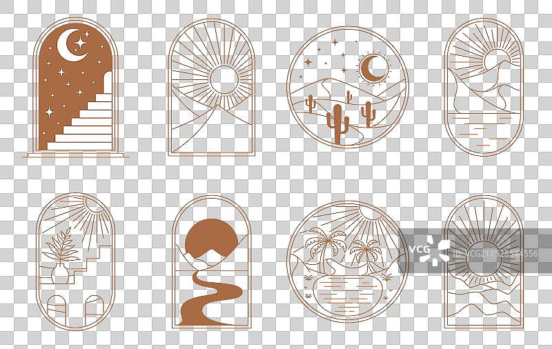 波西米亚风格的窗户和沙漠图标，太阳、月亮和星星图片素材