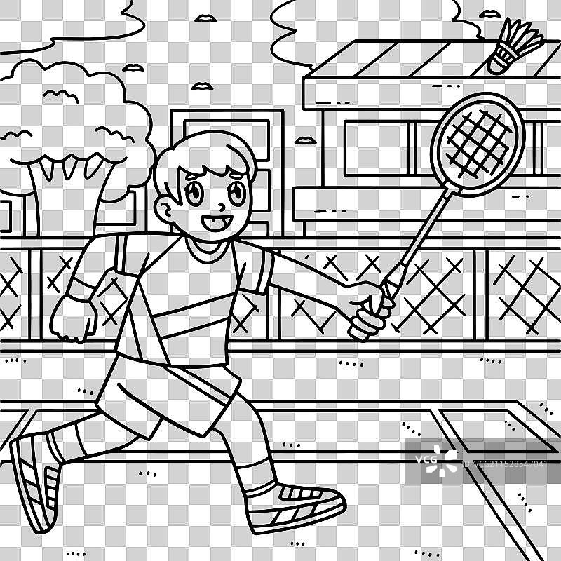 羽毛球运动员追逐羽毛球的涂色页图片素材