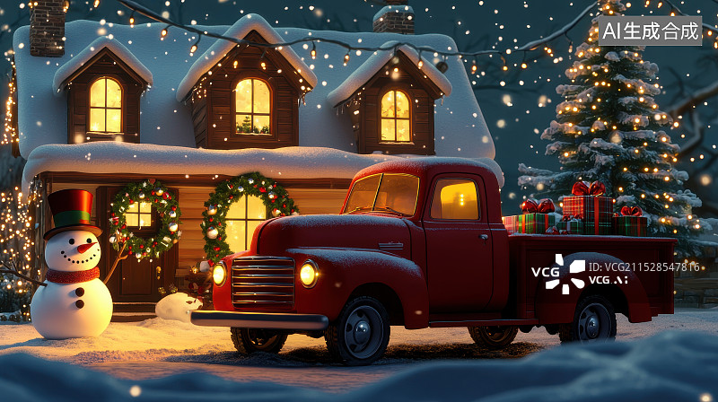 【AI数字艺术】圣诞装饰的红色卡车与雪人图片素材