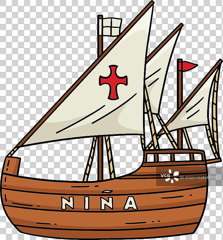 哥伦布日尼娜号船的卡通彩色剪贴画图片素材