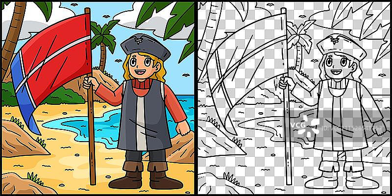 哥伦布日手持旗帜的男子涂色图图片素材