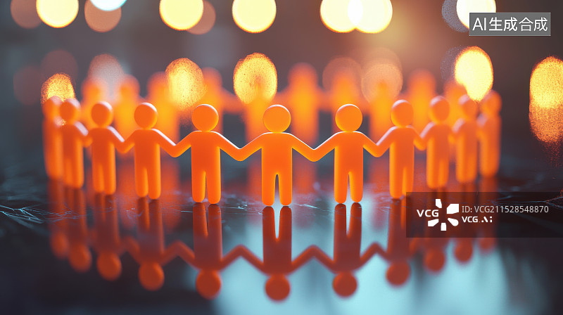 【AI数字艺术】橙色小人手拉手组成圆环象征团结图片素材