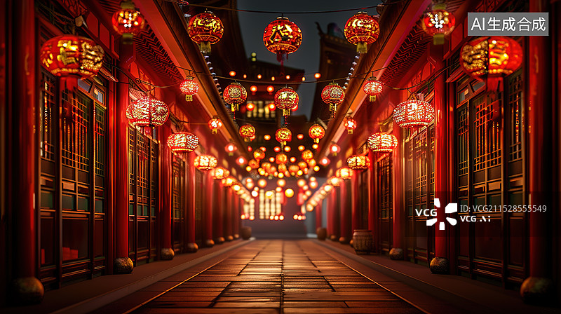 【AI数字艺术】春节期间挂满红色灯笼的中国古代建筑弄堂图片素材