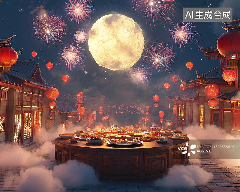 【AI数字艺术】3D中式春节过年年夜饭背景图片素材