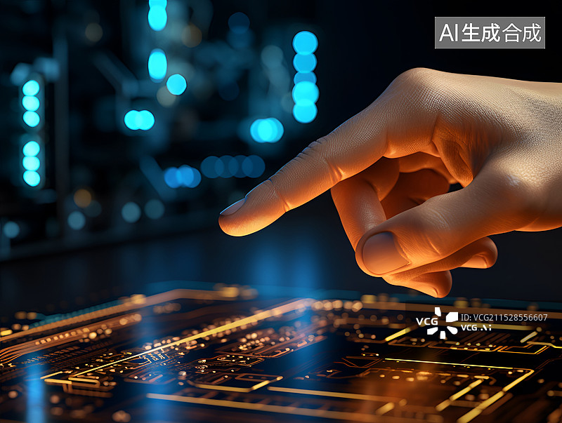 【AI数字艺术】手指着芯片的特写镜头图片素材