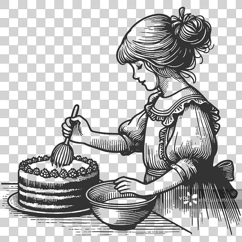 小女孩在装饰自制蛋糕图片素材