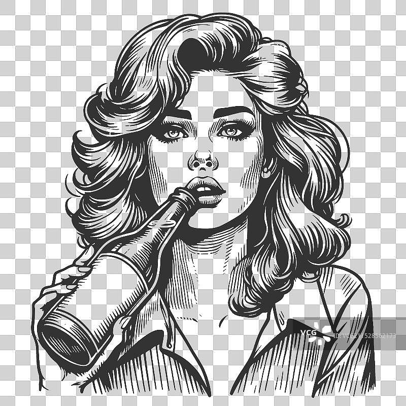 酗酒的女性正在喝酒瓶里的酒图片素材