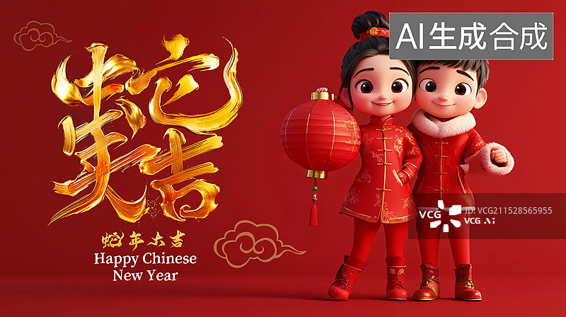 【AI数字艺术】蛇年大吉春节拜年童男童女图片素材