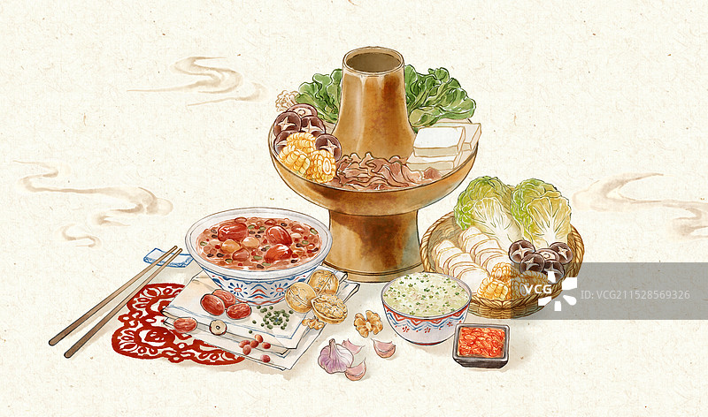 小寒腊八粥火锅大蒜黄芽菜菜饭节气中国传统美食—国画古风水墨国风插画图片素材