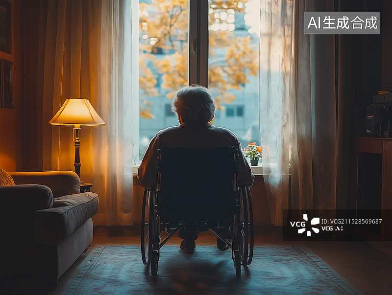 【AI数字艺术】独居老人坐在轮椅上看着窗外图片素材