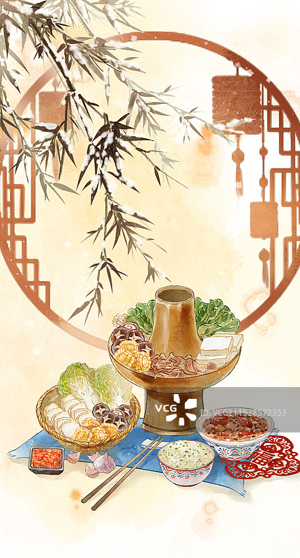 小寒腊八粥火锅大蒜黄芽菜菜饭节气中国传统美食—国画古风水墨国风插画图片素材