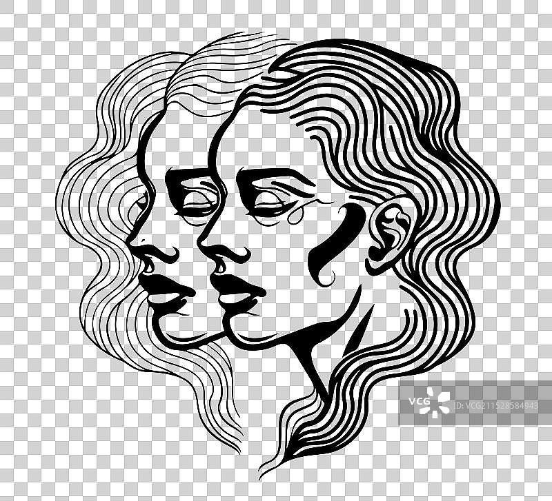 手绘双子座星座的素描和线条图图片素材