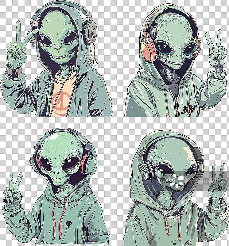 外星人戴着耳机做出和平手势的卡通形象图片素材