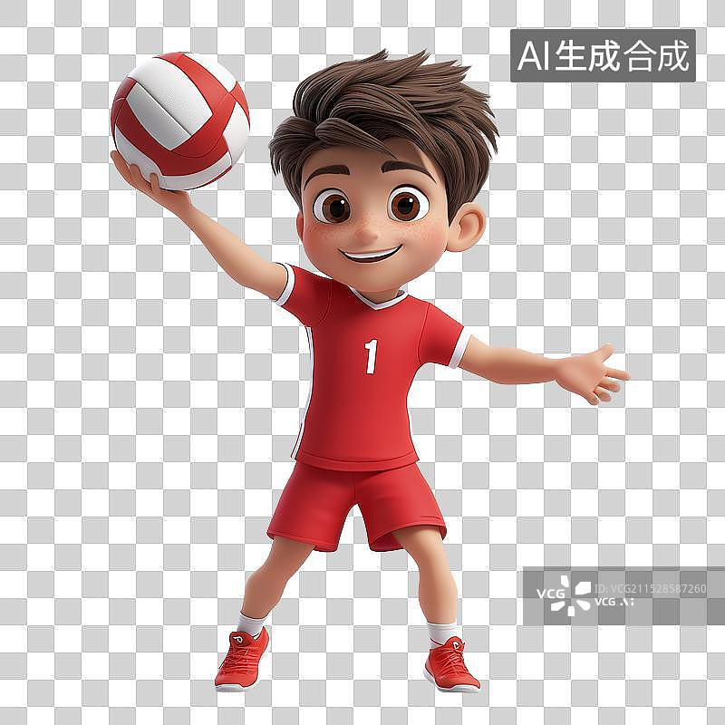 【AI数字艺术】三维可爱卡通红衣男排球图片素材