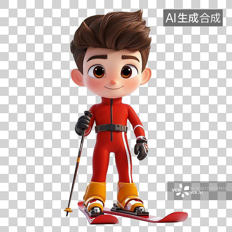 【AI数字艺术】三维可爱卡通红衣男滑雪图片素材