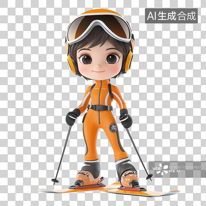 【AI数字艺术】三维可爱卡通橙衣女滑雪图片素材