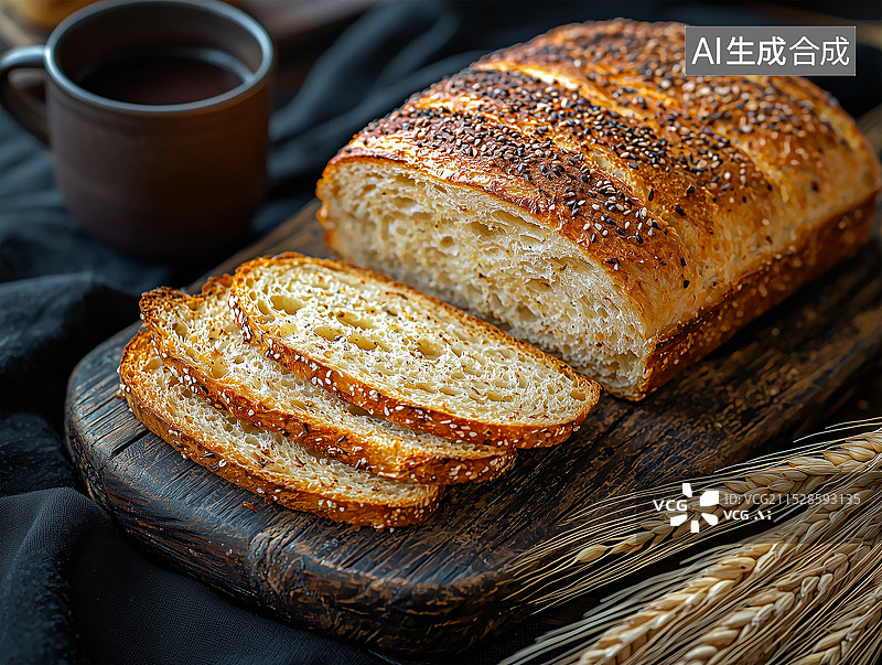 【AI数字艺术】餐桌上的新鲜面包切片和咖啡图片素材