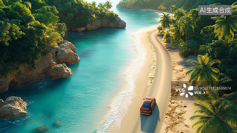 【AI数字艺术】海岸线沙滩绿植，壮观景色，明暗对比鲜明。图片素材