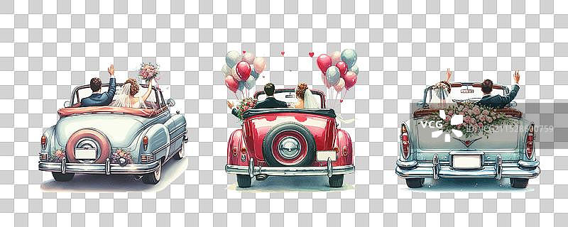 复古婚车的后视图，新人们正在庆祝图片素材
