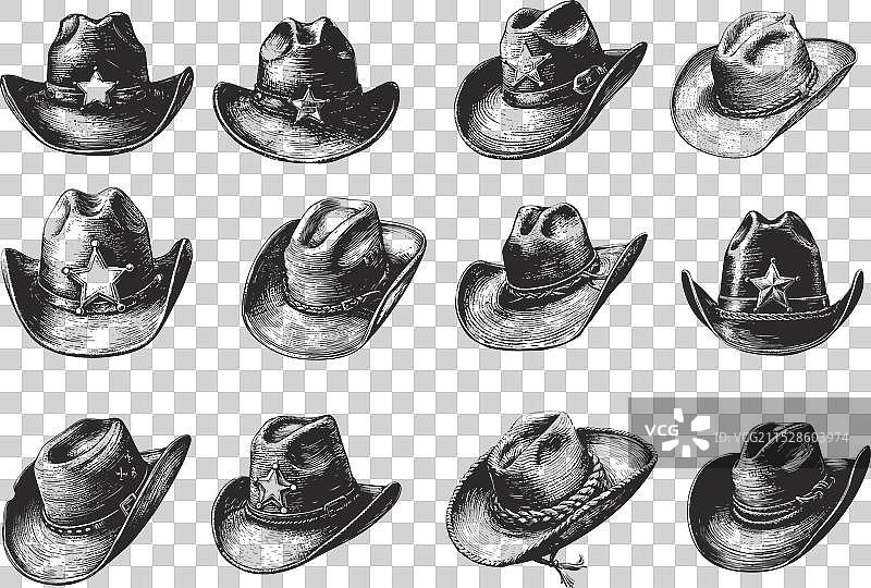 手绘西部牛仔帽雕刻套装图片素材