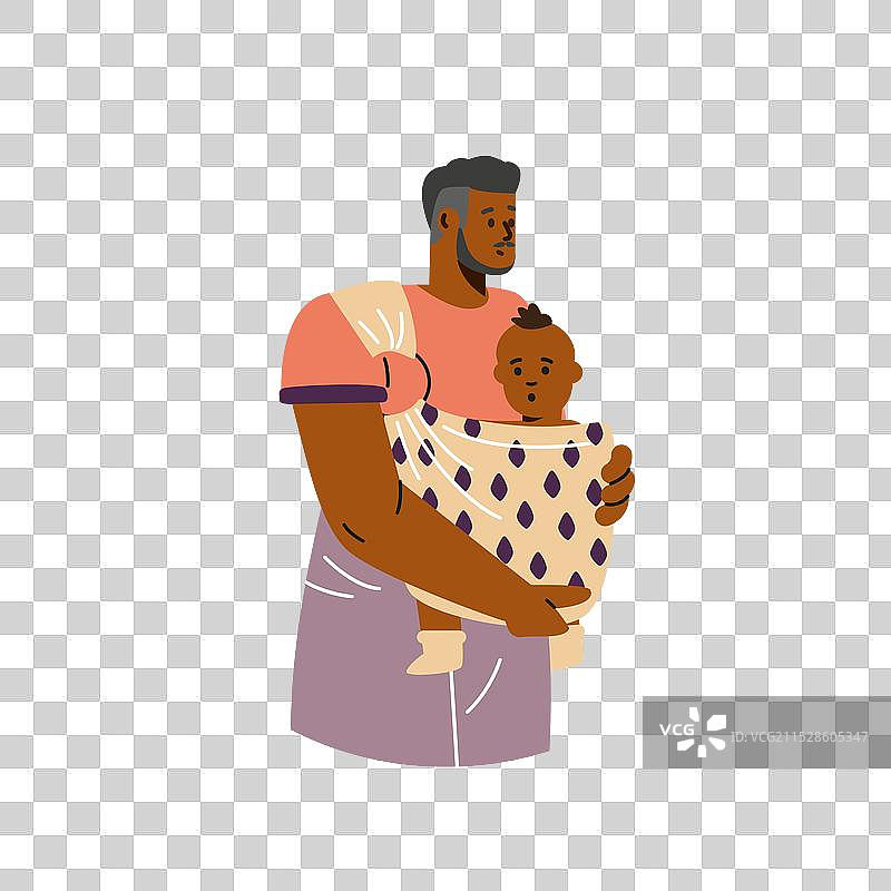 快乐的年轻父亲背着婴儿用婴儿背带图片素材