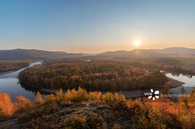 根河湿地日出图片素材