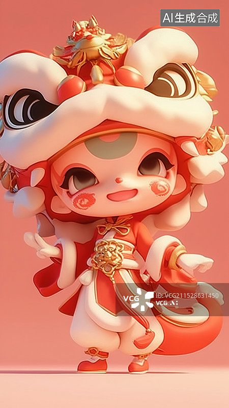 【AI数字艺术】蛇年带着舞狮子帽子的蛇类泡泡玛特风格女孩IP形象图片素材