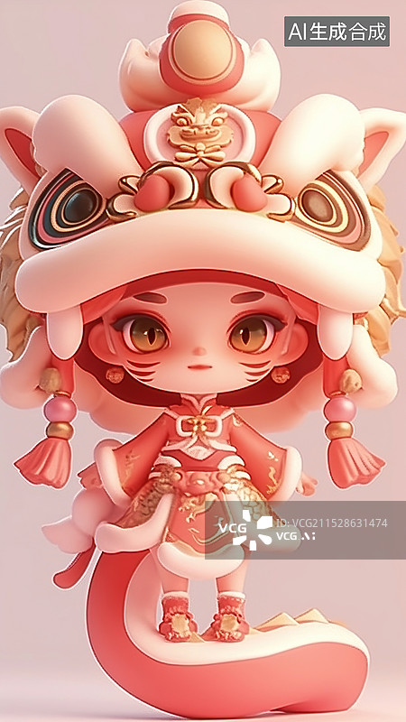 【AI数字艺术】蛇年带着舞狮子帽子的蛇类泡泡玛特风格女孩IP形象图片素材