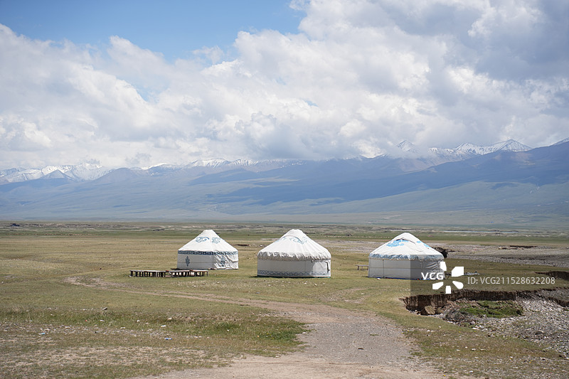 草原上的白色蒙古包图片素材
